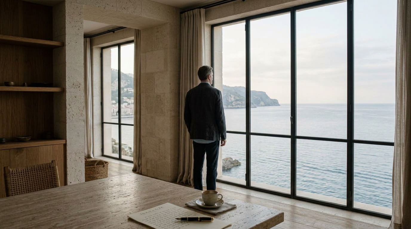 A figure in a dark overcoat walking through a quiet stone and glass arrival hall towards daylight