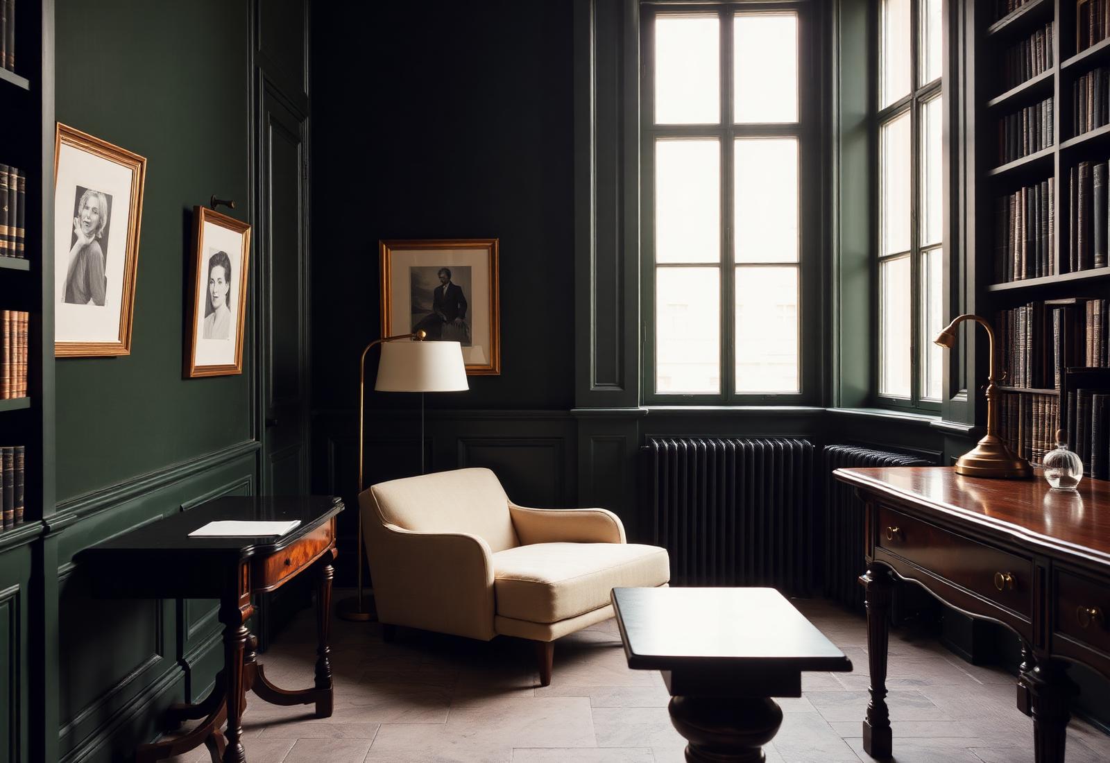 A private study with forest green walls