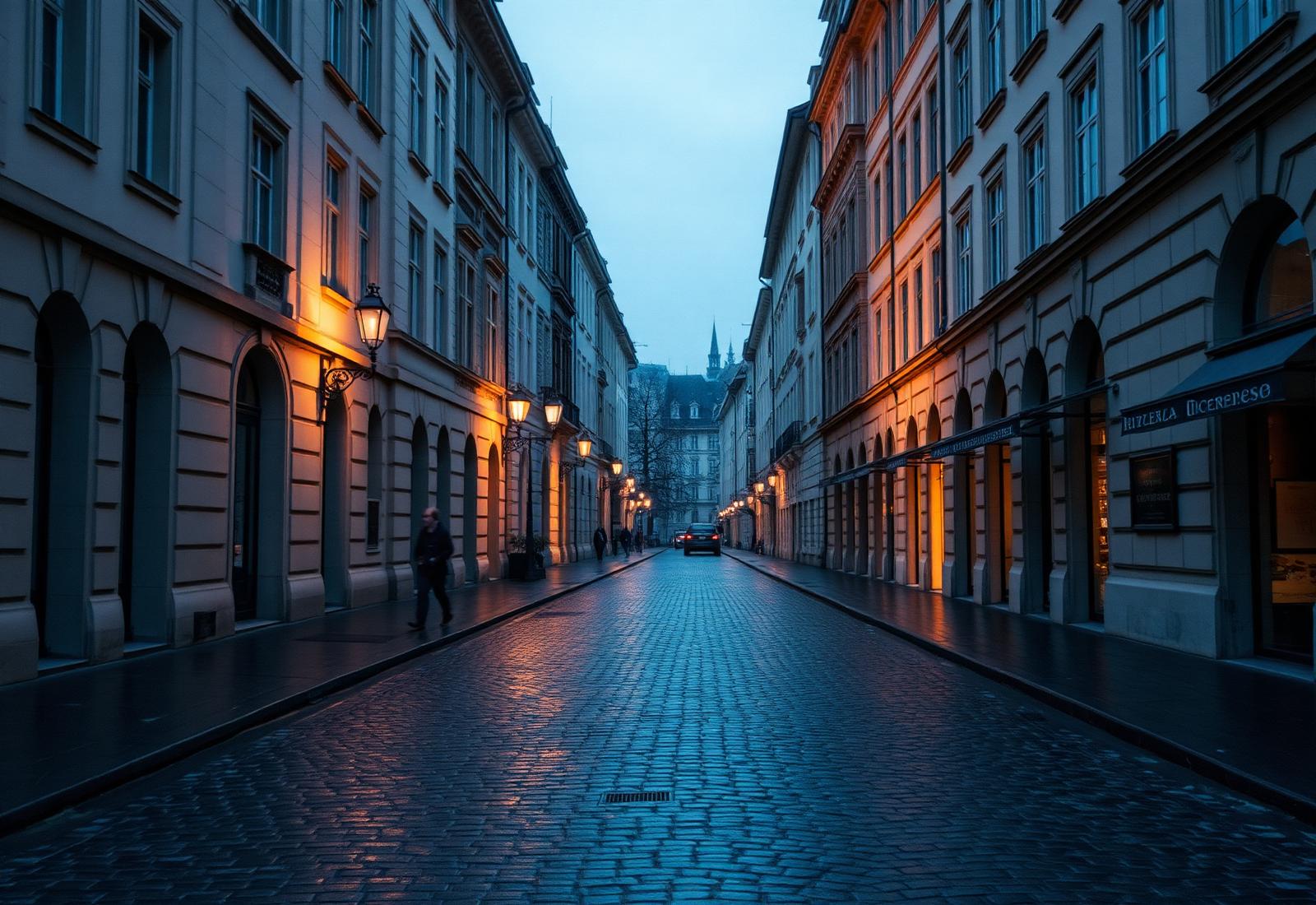 A quiet historic street in Zurich at dawn