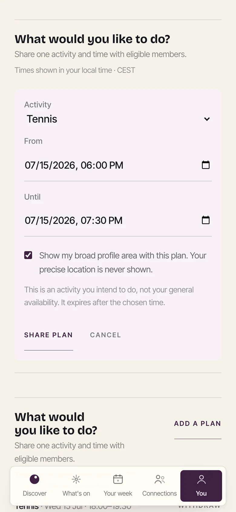 Share a plan — one activity, one time