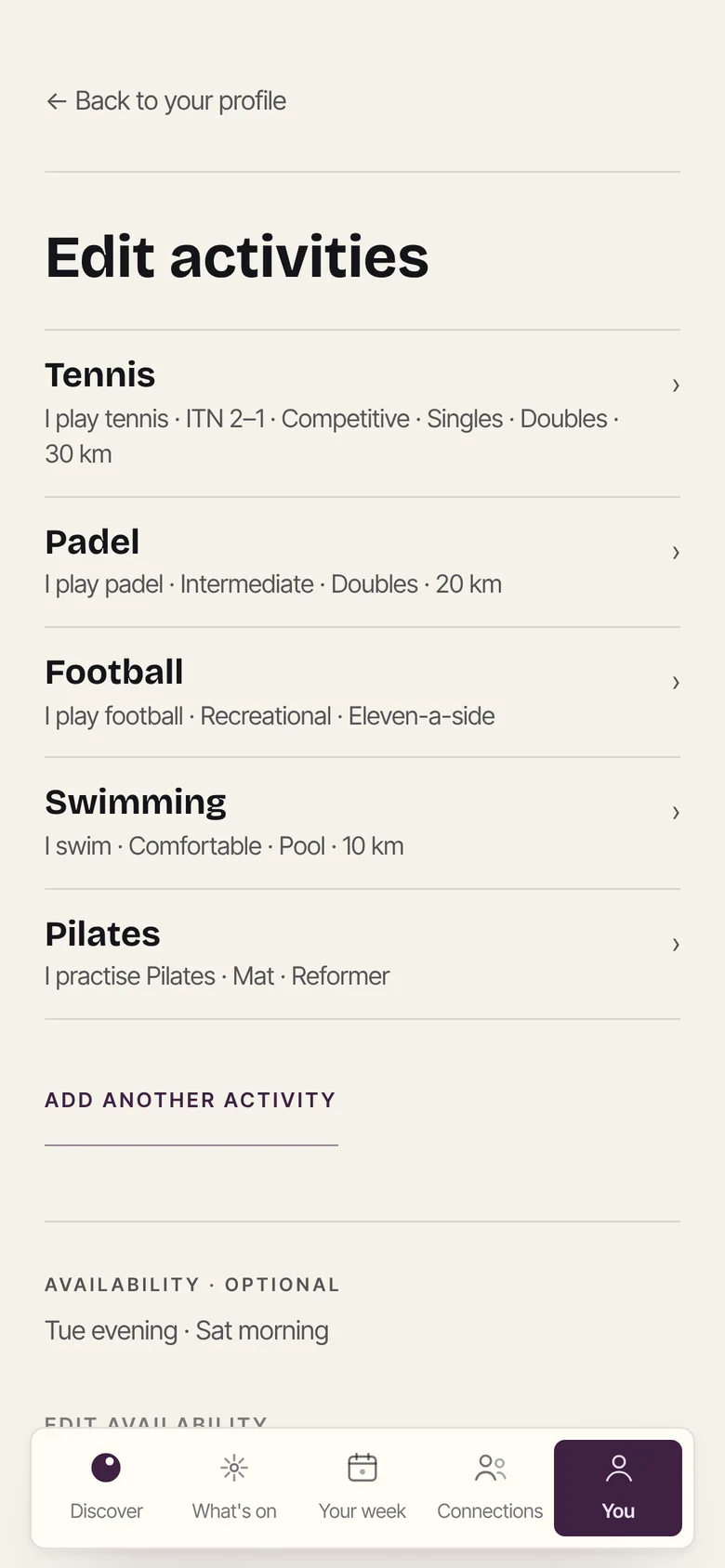Your sports and levels — not a CV